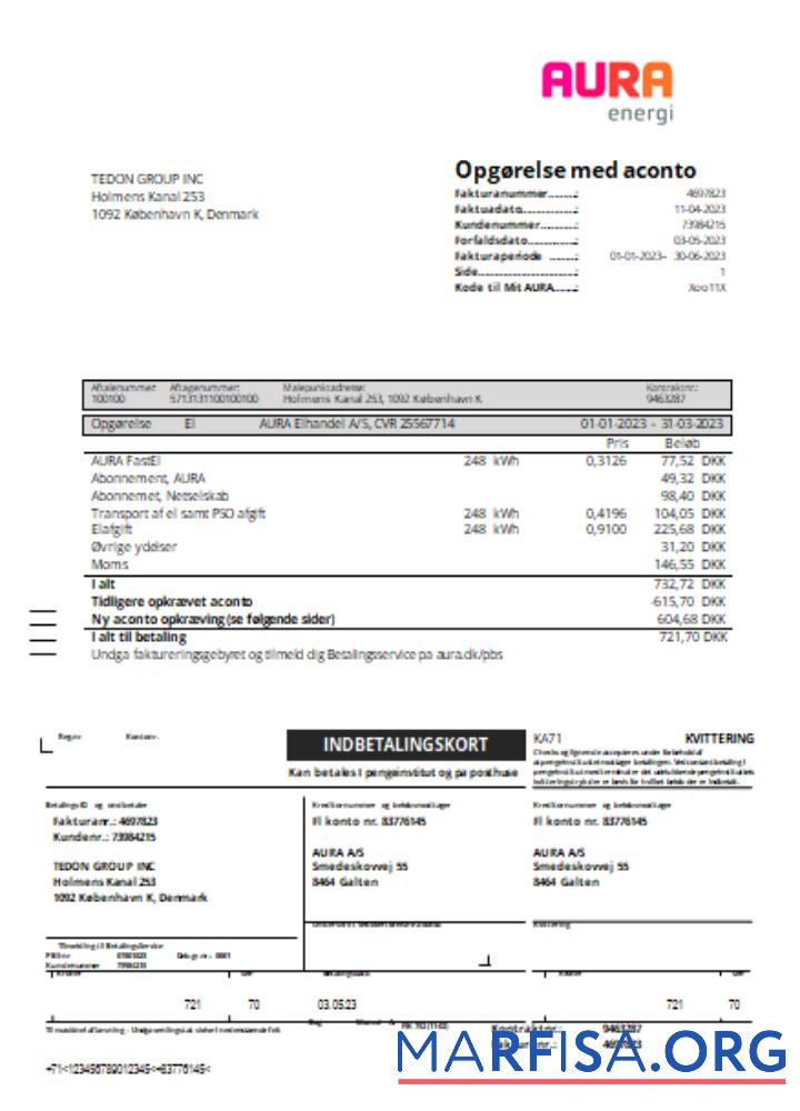 Printable Aura Energi utility business bill, SCR example